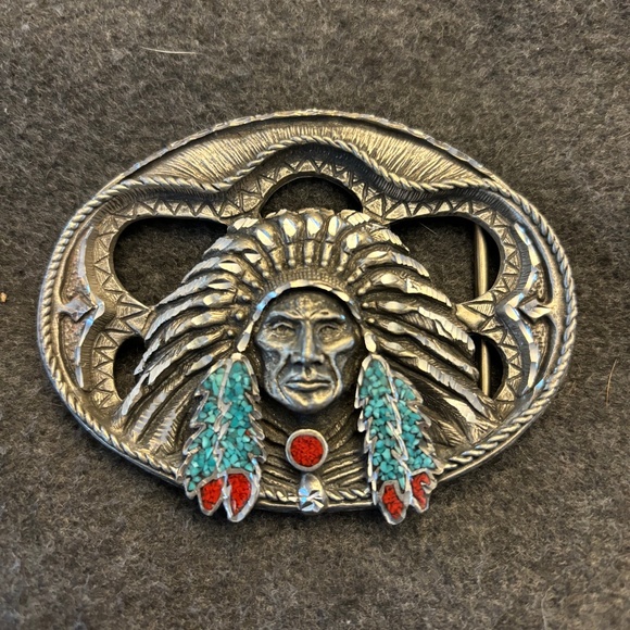 Vintage Pewter Chief Buckle w/ inlaid coral & Turquoise-Estate Rare - Picture 1 of 2